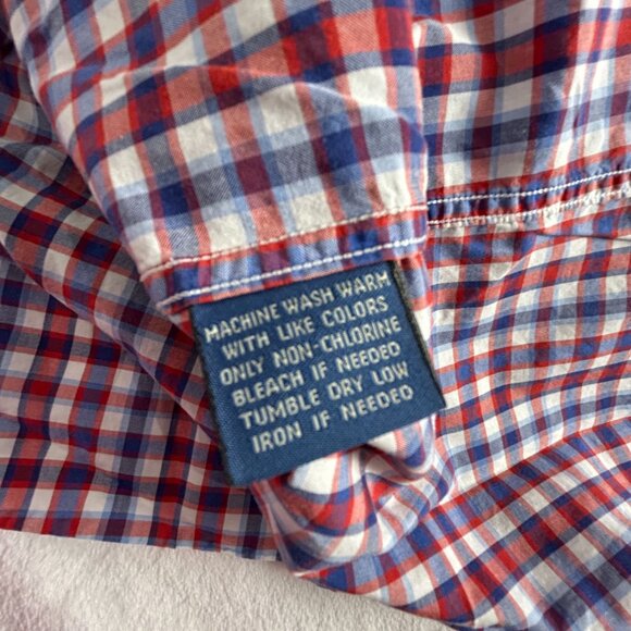 Faconnable Mens Red Blue Checkered Short-Sleeve Button-Down Shirt Large Cotton - Picture 4 of 7